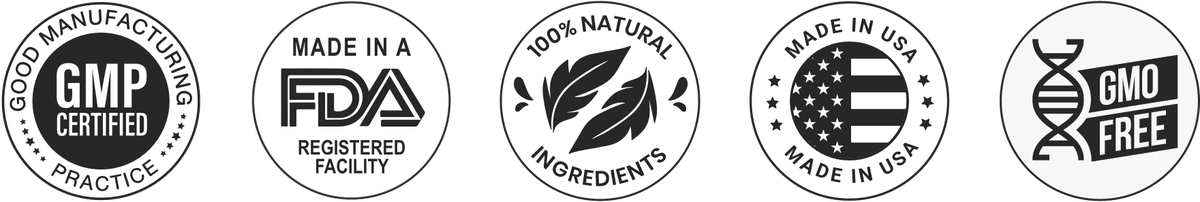 GMP certified, FDA registered facility, 100% natural ingredients, made in USA, GMO free